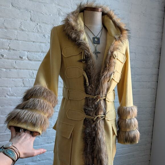 Vintage Jackets & Blazers - Vintage Yellow Wool Trench Coat Groovy Penny Lane Jacket Faux Fur Coat Medium